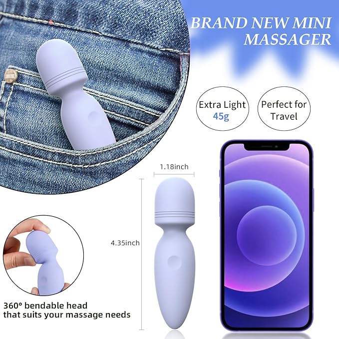 Fuwyiy Mini Massager Tools,Small Waterproof Cordless Handheld Massager with 10 Vibration Modes, Personal Handheld Massager for Back（Gray Purple）
