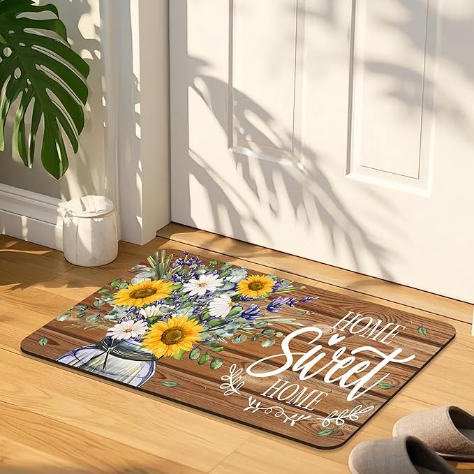 Quick Dry Bath Mat for Bathroom,Super Absorbent Sunflower Welcome Bath Rug Non-Slip Rubber,Machine Washable Bathroom Floor Mat for Shower, Tub, Sink Area Sweet Home Wooden 16x24