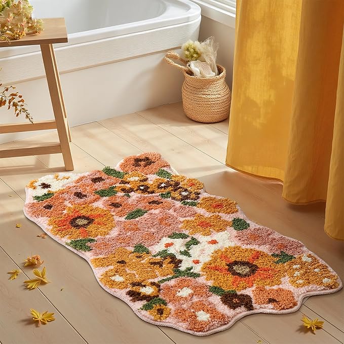 TRUEDAYS Wildflower Floral Bathroom Rug - Cute Tufted Non Slip Soft Flower Shaped Bath Mat, Washable Farmhouse & Cottagecore Bathroom Decor - Aesthetic Orange Rug for Vanity, Tub, Entryway