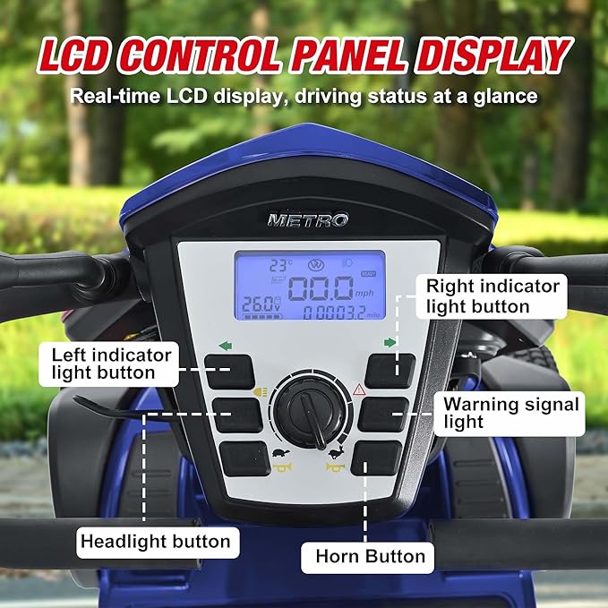Metro Mobility Powered Mobility Scooters, 4 Wheel Mobility Scooters for Adults, 350 lbs Capacity Folding Mobility Scooter, 25 Miles Long Travel Range Scooter for Seniors Blue