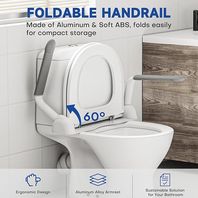 DOZAWA Toilet Safety Rails for Seniors, Heavy Duty Toilet Rails with Foldable Handles, Space-Saving Toilet Assist Arms, Toilet Bars for Elderly, Pregnant, Mobility Impaired, Support Up to 480LBS