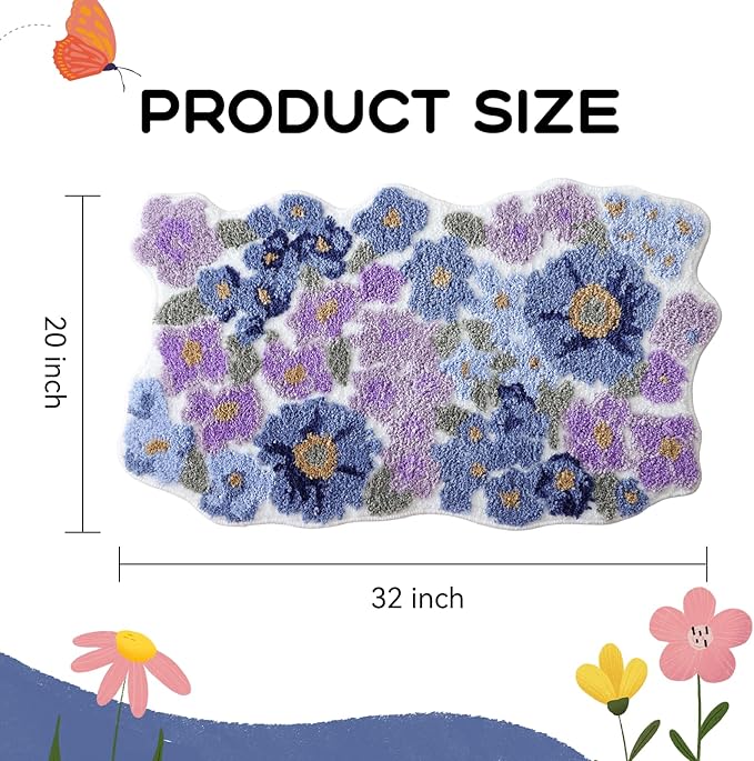 TRUEDAYS Wildflower Floral Bathroom Rug - Cute Tufted Non Slip Soft Flower Shaped Bath Mat, Washable Farmhouse & Cottagecore Bathroom Decor - Aesthetic Purple Rug for Vanity, Tub, Entryway