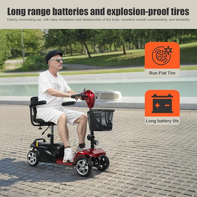 4-Wheel Electric Scooter for Adults | Long Range Mobility Scooter with Basket, Charger & 265 lbs Capacity for Seniors Outdoor Use (Red and Black)
