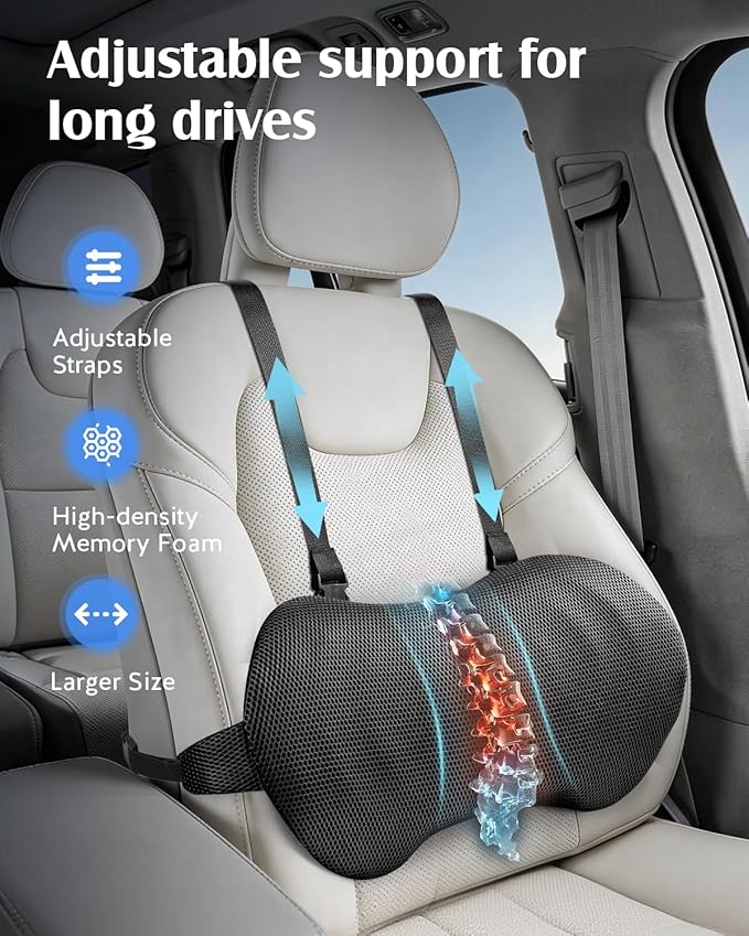 YFONG Lumbar Support Pillow for Car & Office Chair, Memory Foam Back Cushion with Adjustable Straps Non-Slip, Firm Support for Lower Back Pain Relief, Black