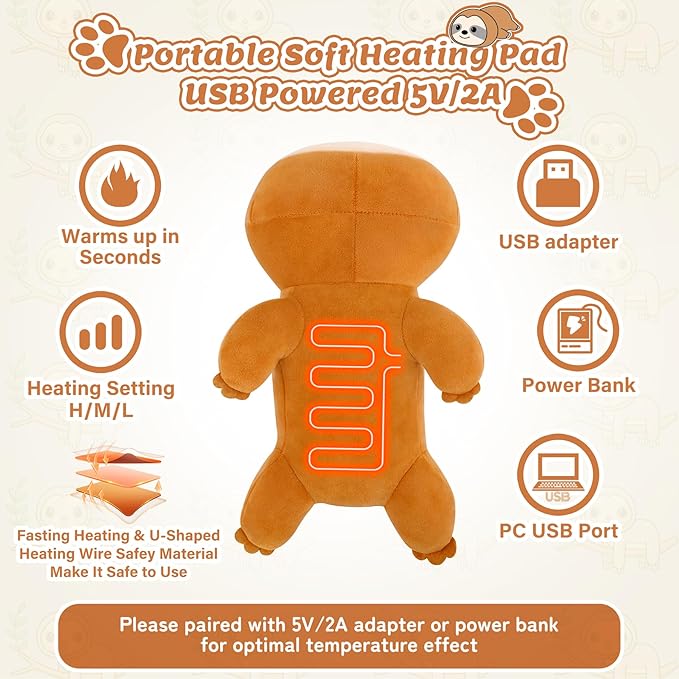 Electric Heating Pad for Period Cramps, Cuddly Sloth Plush with a Hot Soft Belly USB Powered, Menstrual Heating Pad Neck Shoulder Pain Relief, Gift for Daughter Wife Period Heating Pad