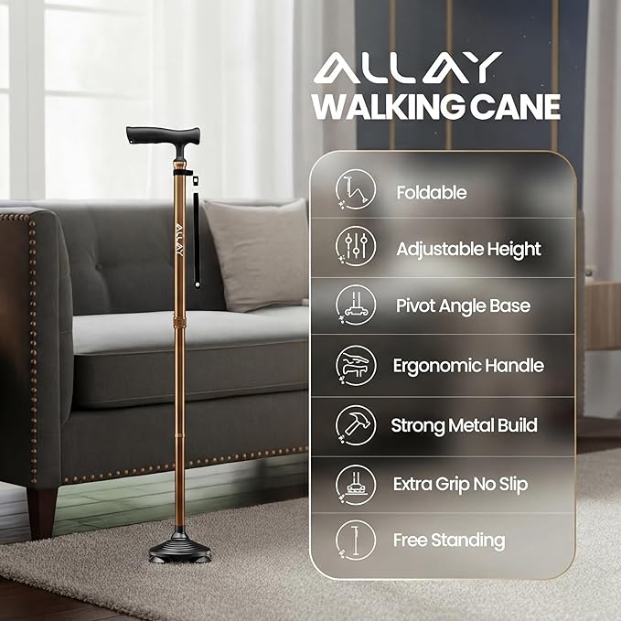 Allay Walking Canes for Men & Women - Adjustable Canes for Women for Stability, Self Standing Wide Quad Pivot Base, Light Weight, Soft Handle Grip and Travel Bag, Walking Sticks for Seniors & Adults