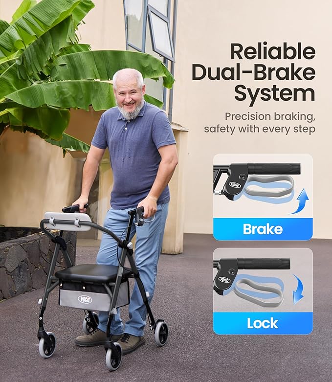 VOCIC Walkers for Seniors, Z11 Rollator Walker with Seat, Max 380 lbs, Avant Walkers with Ergo Seat & Backrest, Foldable Rollator Adjustable Height, All Terrain Walker, Lightweight