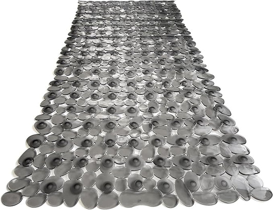 “Pebbles” Non-Slip Bathtub/Shower Mat 35"x16" Rectangular, Non-Toxic, Safe, Clean, Machine-Washable, Superior Grip & Drainage, Vinyl, for Smooth Floors ONLY, Transparent Gray