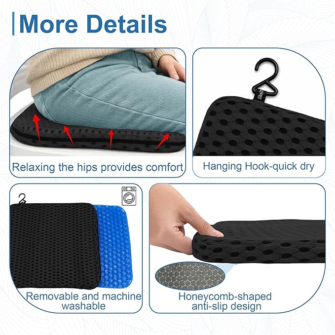 SPRING SEAON Shower Chair Cushion, Gel Shower Seat Cushion with Non-Slip Silicone Bottom, Quick-Dry Mesh Bath Seat Pad, Soft Washable Shower Bench Cushion for Seniors & Adults (Black)