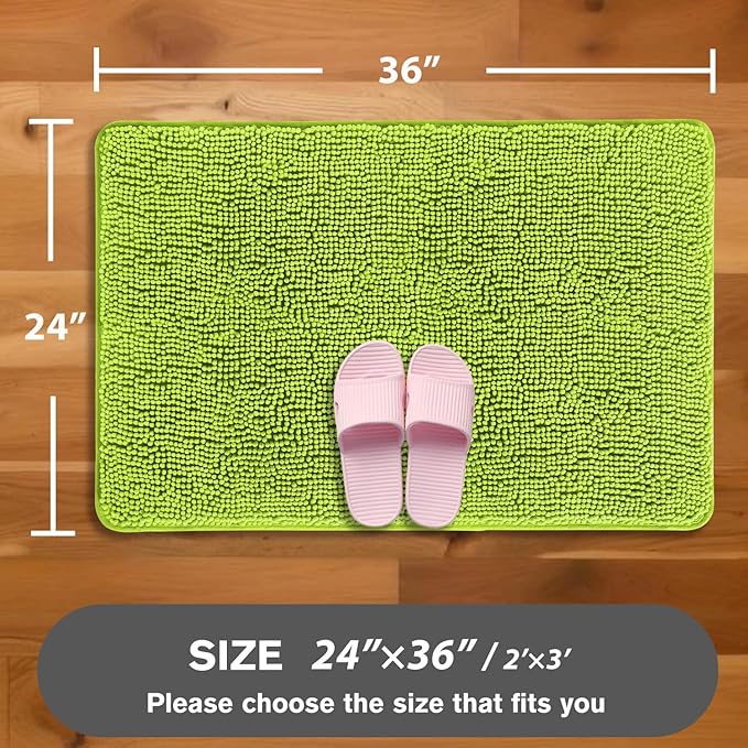 Lime Green Bathroom Rugs – Absorbent and Washable Bath Mat, Non-Slip, Thick Soft Chenille Bath Rugs for Bathroom Floor, Shower, Sink - 24" x 36"