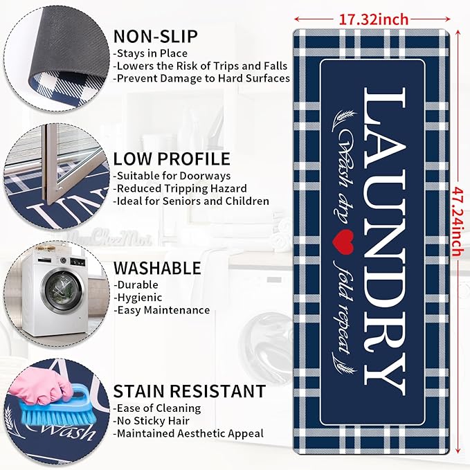 XLHOMO Laundry Room Rugs and Mats, 17"x47" Buffalo Plaid Navy Blue Laundry Room Rug Washable Non Slip, Farmhouse Laundry Mats for Floor, Mudroom, Kitchen, Washroom, Bathroom, Entryway Carpet Decor