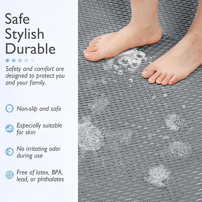 Extra Large Non-Slip Shower Mat, Fast-Dry PVC Bath Stall & Tub Mat, Drain-Hole Design,for Shower Stall Tub for Elderly/Kids，Non Slip Bathroom Safety Accessory，Gray 32"x17"
