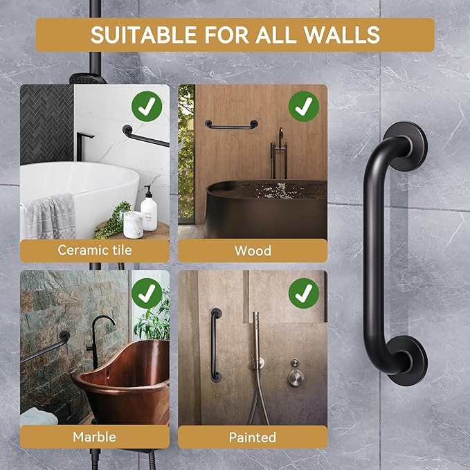 AmazerBath Shower Grab Bars for Seniors Anti Slip, Bath Safety Grab Bar for Needy, Stainless Steel Bathroom Safety Grab Bars, Thickened Bar Bigger Base Holds 500LBS, 12" L x 1" D, Black