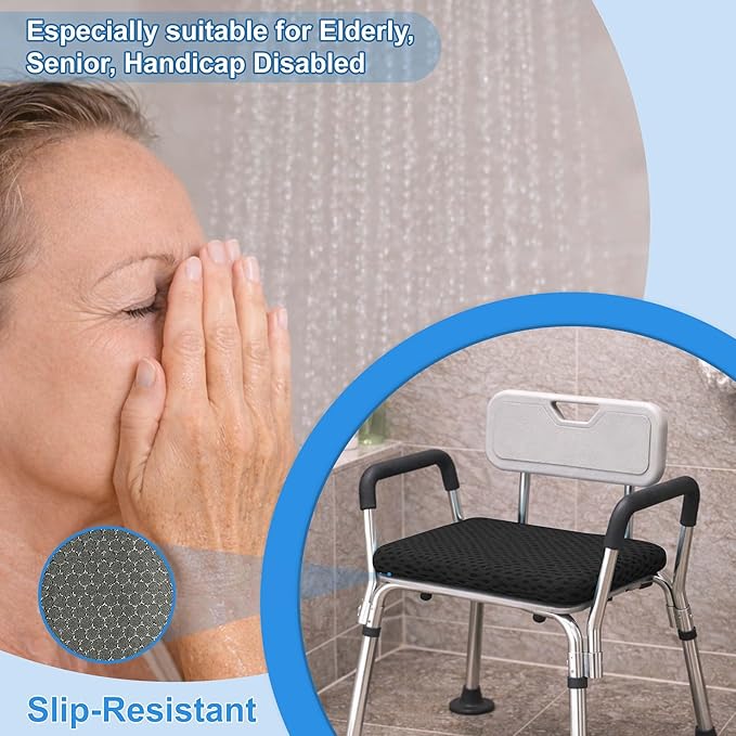 SPRING SEAON Shower Chair Cushion, Gel Shower Seat Cushion with Non-Slip Silicone Bottom, Quick-Dry Mesh Bath Seat Pad, Soft Washable Shower Bench Cushion for Seniors & Adults (Black)