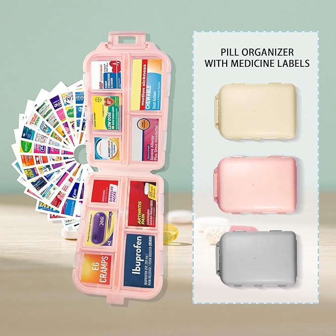 Pill Organizer with Medicine Labels 146 Labels Travel Daily Pill Container Mini Medication Organizer Storage Travel Essentials Pill Case 7 Day Pill Organizer (Beige+Pink+Grey, 3 Packs)