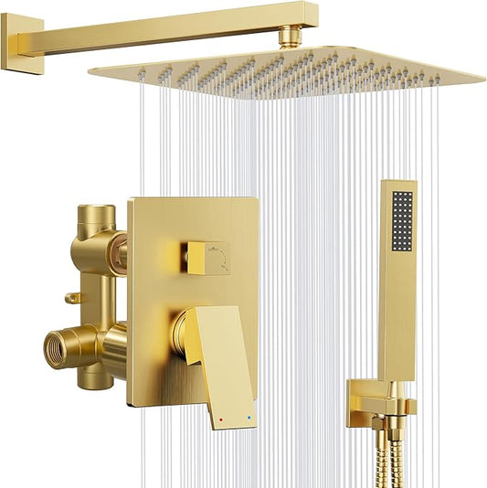 Kurpot Gold Shower System, 10'' Square Rainfall Shower Head with Handheld Combo Spray, Bathroom Brushed Gold Shower Faucet Set with Valve, 59'' Shower Hose, Shower Trim Kit and Diverter, Wall Mounted