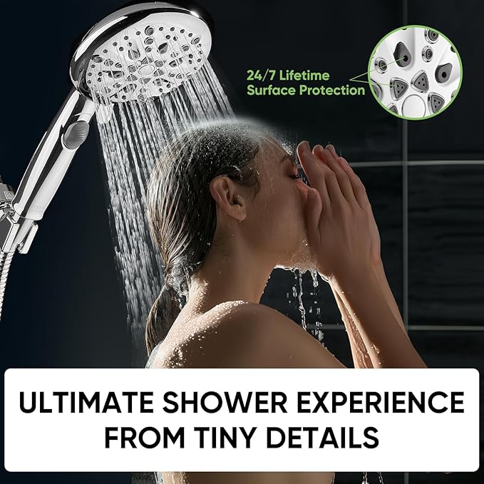 Cobbe 9-Function Shower Head with Built-in Power Spray, 1.8 GPM Water Saving ON/OFF Toggle Switch, High Pressure Handheld Showerhead with 1-Click Pause Button, Brass Bracket & 6ft Hose, Chrome