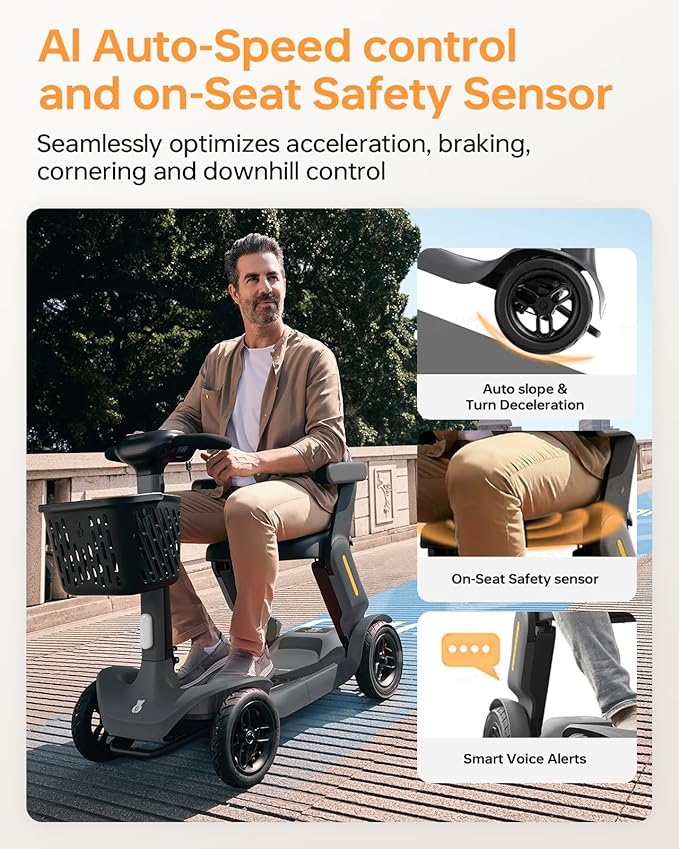 Paiseec S3 Pro Mobility Scooters for Adults, 40 Miles Long Lasting Mobility Scooter, Lightweight Travel Scooter for Seniors, 300 lbs Capacity, AI Speed Control, 250W Motor (Grey-40miles-S3)