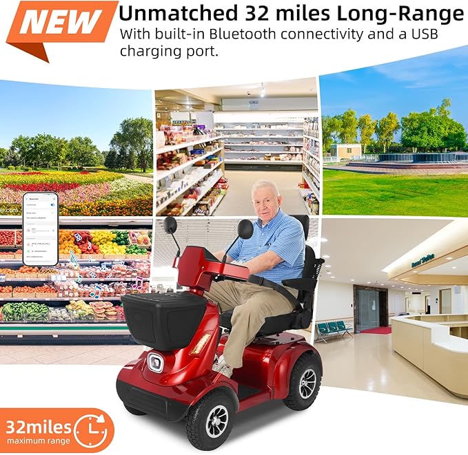 Heavy Duty Mobility Scooter for Seniors/Adults, 500LBS Capacity Electric Scooter, All Terrain Mobility Scooters, 1000W 15MPH, 13.78" Off Road Tires,32 Miles Long Range 4 Wheel Scooter, Red 32Miles