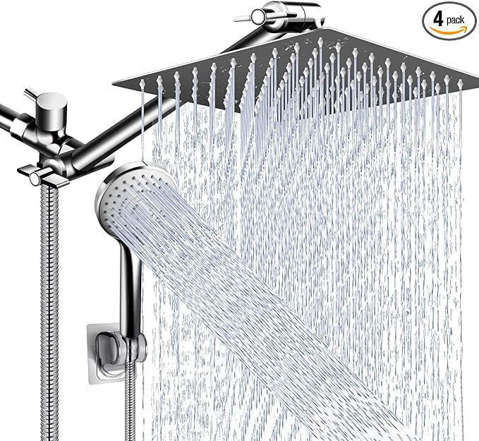Shower Head Combo,10 Inch High Pressure Rain Shower Head with 11 in Adjustable Extension Arm and 5 Settings Handheld,Powerful Shower Spray Against Low Pressure Water with Long Hose