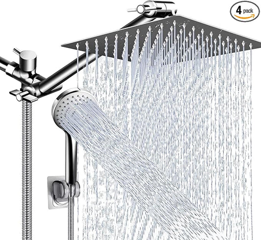 Shower Head Combo,10 Inch High Pressure Rain Shower Head with 11 in Adjustable Extension Arm and 5 Settings Handheld,Powerful Shower Spray Against Low Pressure Water with Long Hose
