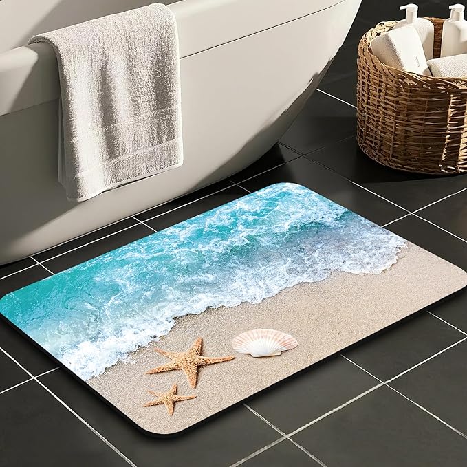 Quick Dry Bath Mat for Bathroom,Super Absorbent Beach Seashell Bath Rug Non-Slip Rubber Backing,Machine Washable Bathroom Floor Mat for Shower, Tub, Sink Area Ocean Blue 30x20