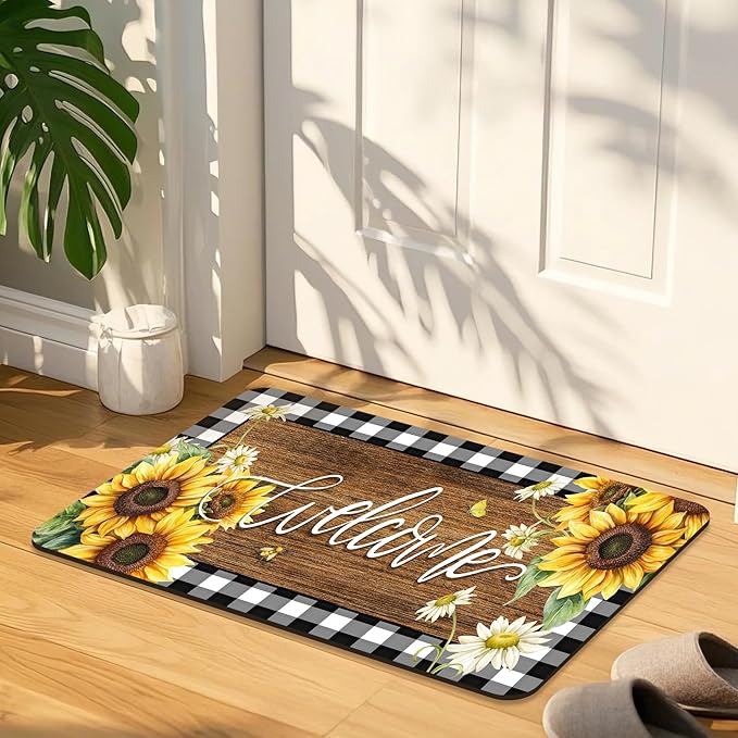 Quick Dry Bath Mat for Bathroom,Super Absorbent Sunflower Welcome Welcome Bath Rug Non-Slip Rubber,Machine Washable Bathroom Floor Mat for Shower, Tub, Sink Area Black and White Checked Wooden 16x24