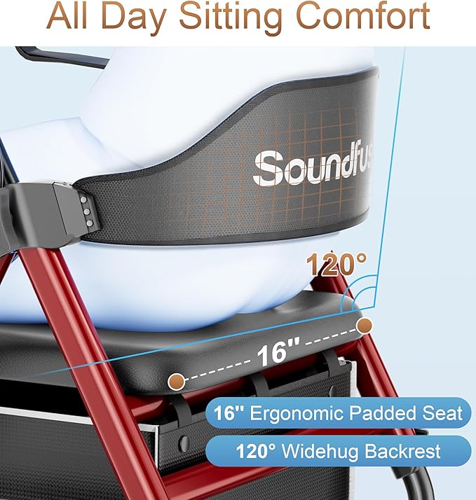 SOUNDFUSE Rollator Walkers for Seniors with Seat, Foldable Lightweight Rolling Walker with 8" Big PU Wheels, Ergonomic Seat, Dual Height Adjustment