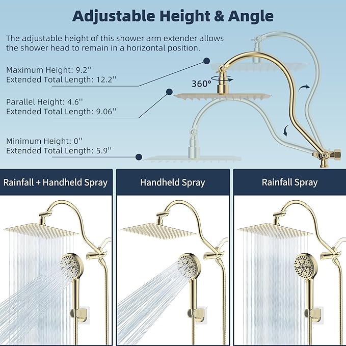 Hibbent All Metal CUPC Certified Shower Head, 10'' High Pressure Rainfall Shower Head, Handheld Showerhead Combo, 12'' Adjustable Extension Arm, 10 Sprays, 71'' Hose, Shower Holder, Polished Brass