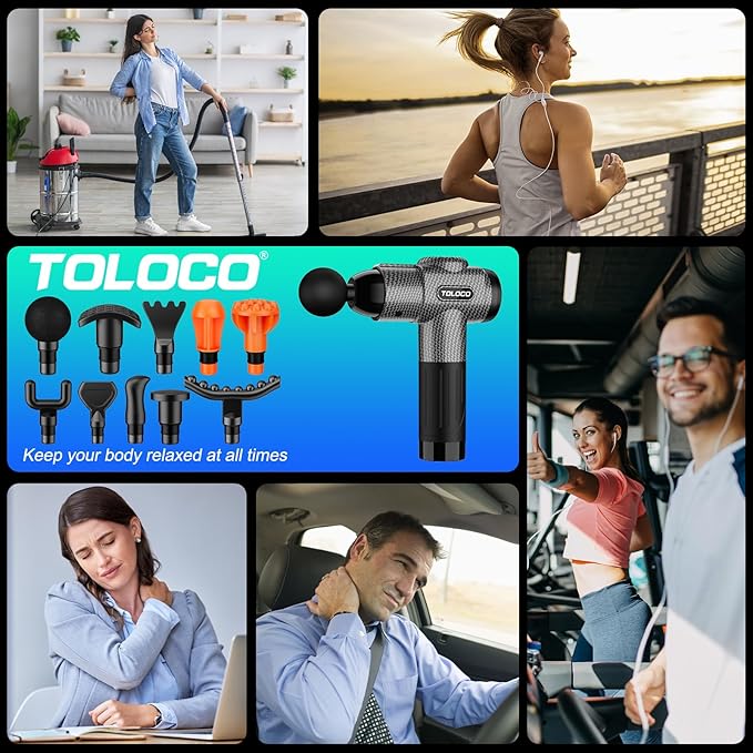 TOLOCO Massage Gun, Deep Tissue Back Massage for Athletes for Pain Relief, Percussion Massager with 10 Massages Heads & Silent Brushless Motor, Mothers Day Gifts, Carbon