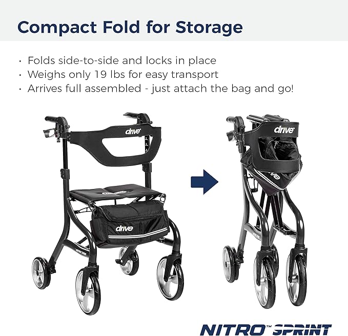 Drive Medical Nitro Sprint Foldable Rollator Walker with Seat - Lightweight Support - Large Wheels - Compact Folding Design - Adjustable Comfort - Tall Size - Black