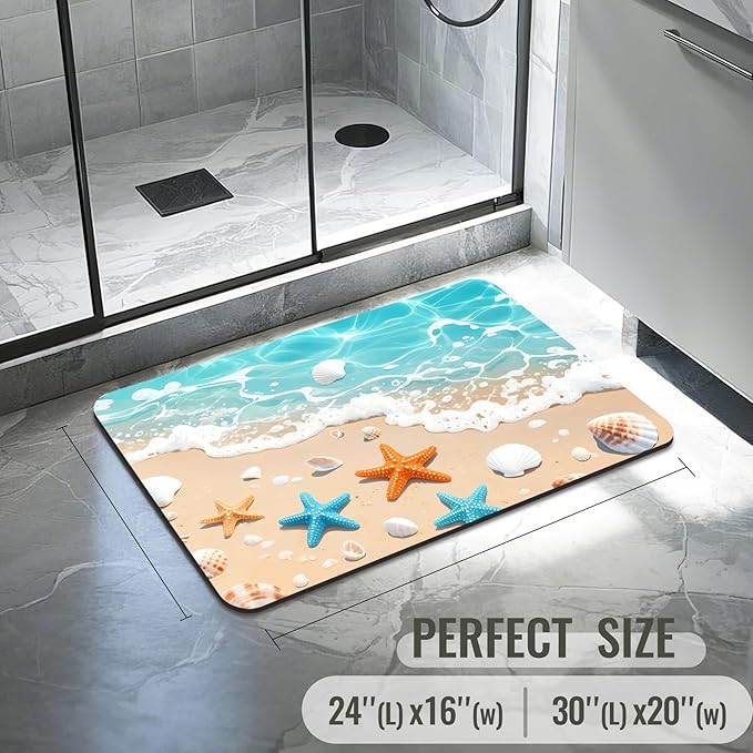 Quick Dry Bath Mat for Bathroom,Super Absorbent Beach Seashell Bath Rug Non-Slip Rubber Backing,Machine Washable Bathroom Floor Mat for Shower, Tub, Sink Area Ocean Blue 30x20