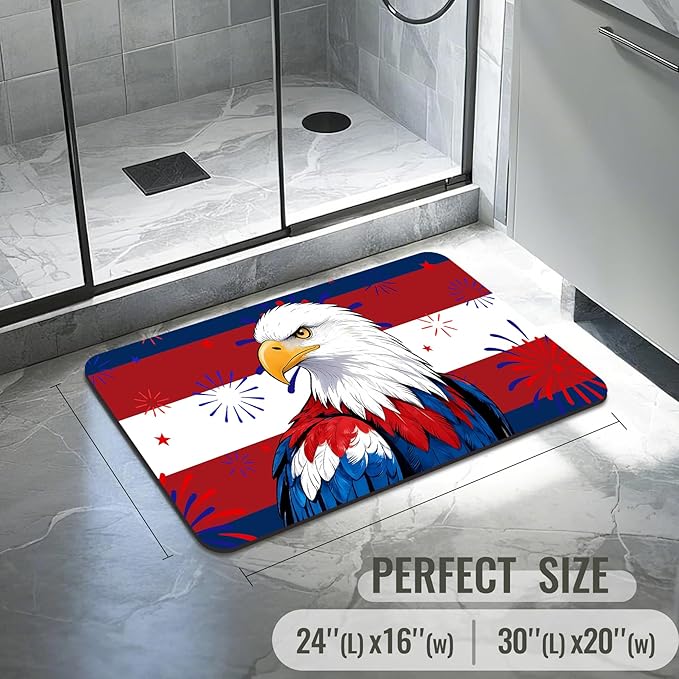 Quick Dry Bath Mat for Bathroom,Super Absorbent Patriotic 4th of July Welcome Bath Rug Non-Slip Rubber,Machine Washable Bathroom Floor Mat for Shower, Tub, Sink Area Independence Day Eagle 16x24