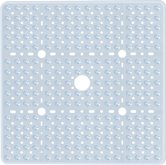 Large Square Shower Mat 27 x 27 Inch Clear, Non Slip Shower Bathtub Mats for Inside Shower With Big Suction Cups Drain Holes, Anti Slip Bathroom Floor Shower Stall Mats, Easy Clean, BPA-Free
