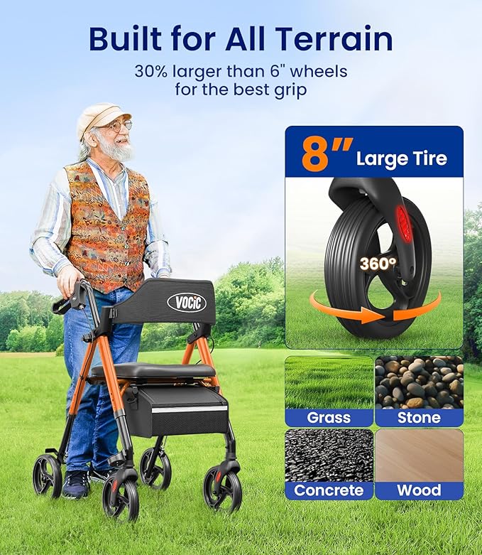 VOCIC Walkers for Seniors, Z21 Rollator Walker with Seat Supports 350lb, 8" Big Wheels for All Terrain, Ergonomic Arc Seat & 6" Ultra Backrest Foldable Walker, Dual Height Adjustment, Lightweight 2026