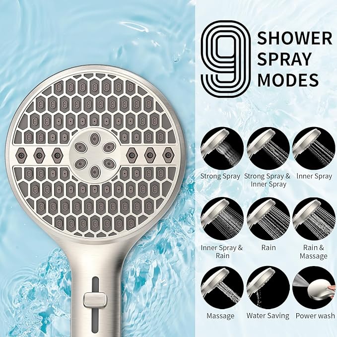 Shower Head, High Pressure 9-Spray Modes Handheld Showerhead, 71" Long Hose Hand Held Shower, Brushed Nickel Shower Head With Wall Bracket & Power Wash