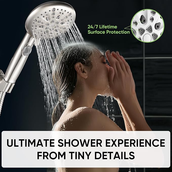 Cobbe 9-Function Shower Head with Built-in Power Spray, 1.8 GPM Water Saving ON/OFF Toggle Switch, High Pressure Handheld Showerhead with 1-Click Pause Button, Brass Bracket & 6ft Hose, Brushed Nickel