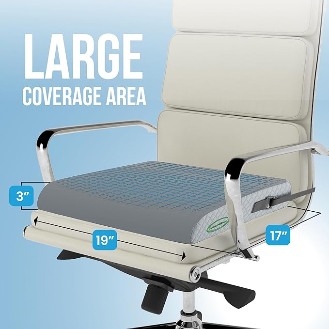 Extra Large Memory Foam Seat Cushion - Wheelchair Cushion Pad, Anti-Slip, Removable Strap, Coccyx Pain Relief, 19” X 17” X 3” (Gray)