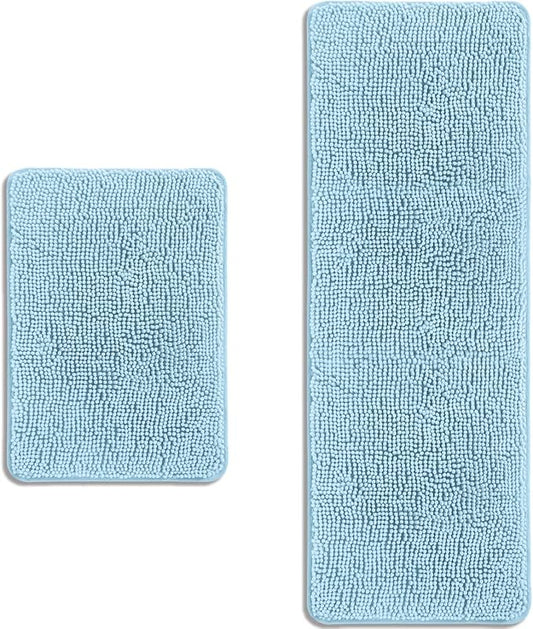 Bathroom Rugs Sets 2 Piece – Absorbent and Washable Bath Mat, Non-Slip, Thick Soft Chenille Bath Rugs for Bathroom Floor, Shower, Sink(17" x 24"+17" x 47", Light Blue)
