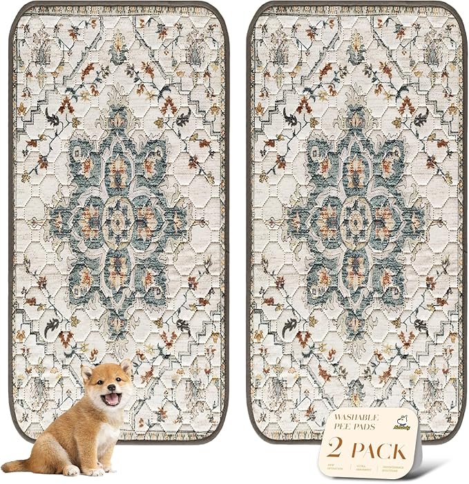 nunubaby Washable Pee Pads for Dogs, Stylish, Non-Slip and Leak-Proof Pee Pads. Reusable Potty Pads for Dogs for Crates and Floors.(Beige/Floral, 36" x72" )