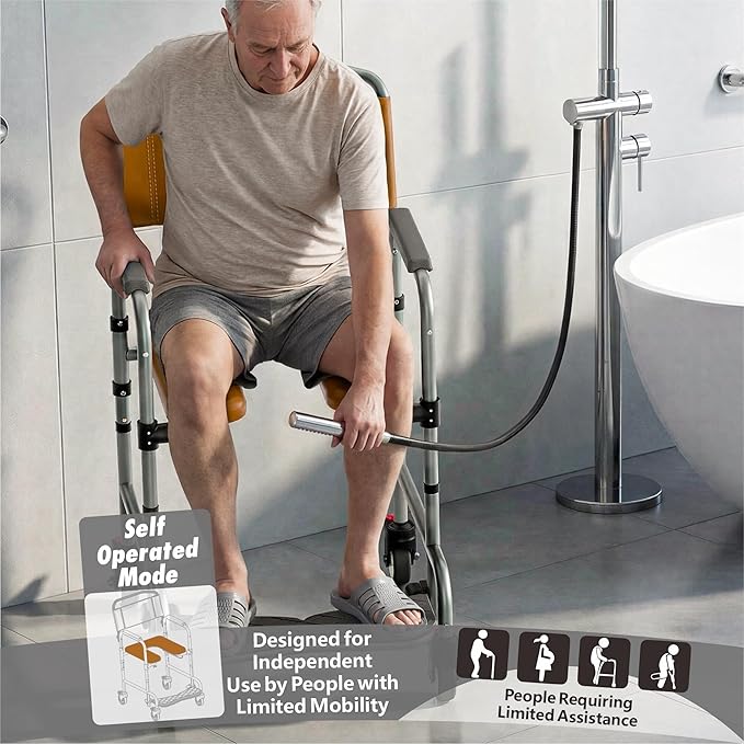 Shower Chair with Wheels, Two Modes Bedside Commode with Wheels, Aluminum Shower Wheelchair with Footrest, Portable Toilet with Bucket for Elderly and Disabled, 300 LBS Weight Capacity