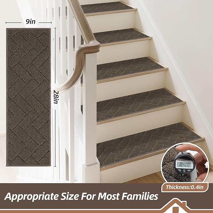 BEQHAUSE Edging Stair Treads for Wooden Steps 9" x 28", Non Slip Carpet Stair Treads Indoor Stair Runners, Soft Stair Rugs, Machine Washable, 100% Polyester, TPE Backing, 4pcs, Brown