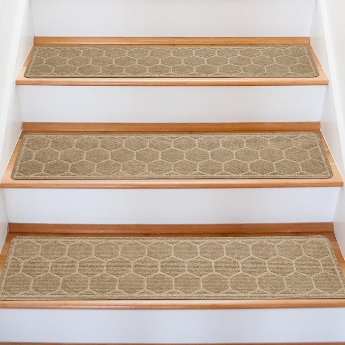 15 Pack 8 "X 30" Non-Slip Carpet Stair Treads for Indoor Wooden Steps, Made of Polyester and Reusable Adhesive, Suitable for Kids Elders and Pets（Beige Hexagon）