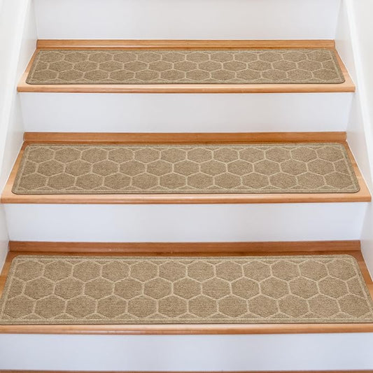 15 Pack 8 "X 30" Non-Slip Carpet Stair Treads for Indoor Wooden Steps, Made of Polyester and Reusable Adhesive, Suitable for Kids Elders and Pets（Beige Hexagon）