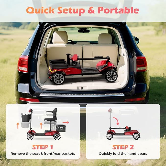 Foldable 4-Wheel Mobility Scooter for Adults – Portable Motorized Scooter with 330 lbs Capacity, Detachable Battery, Dual Baskets, Cup & Phone Holder, Red