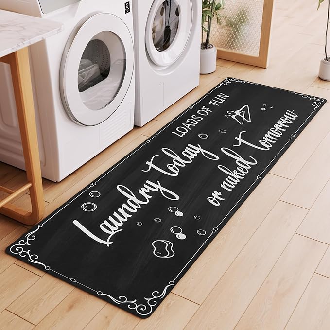 XLHOMO Laundry Room Rug Runner, 17"x60" Non Slip Nappa Leather Laundry Rugs, Black Farmhouse Washable Floor Laundry Mats for Laundry Room, Kitchen, Washroom, Bathroom, Mudroom, Hallway Entryway Decor