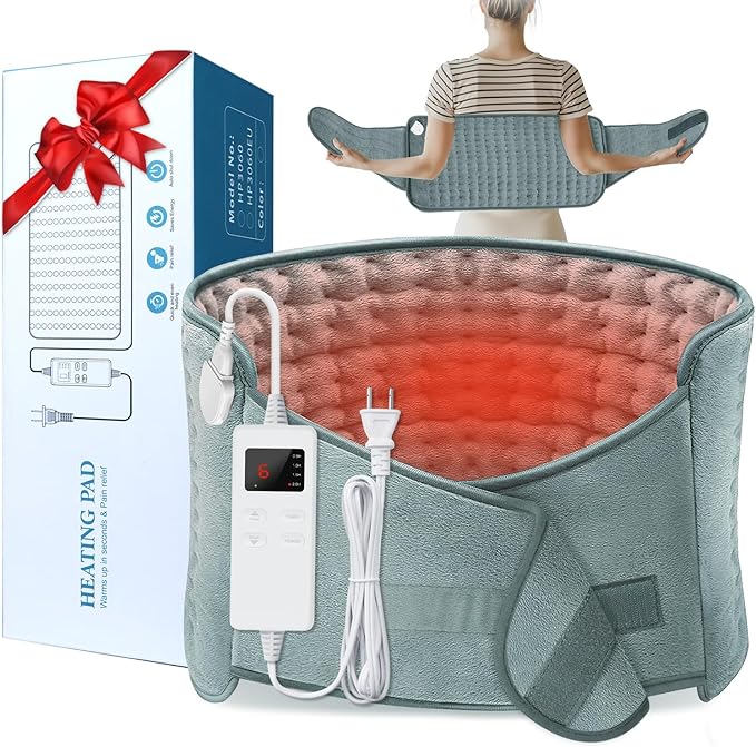 IGXHAVIZ Heating Pad for Back Pain Relief, Electric Heating Pad for Period Cramps Neck Shoulders with Belt, 4 Timer 6 Heat Setting & Auto Shut Off, 12"x24"+20" Large Moist Heat Pad for Mom,Dad