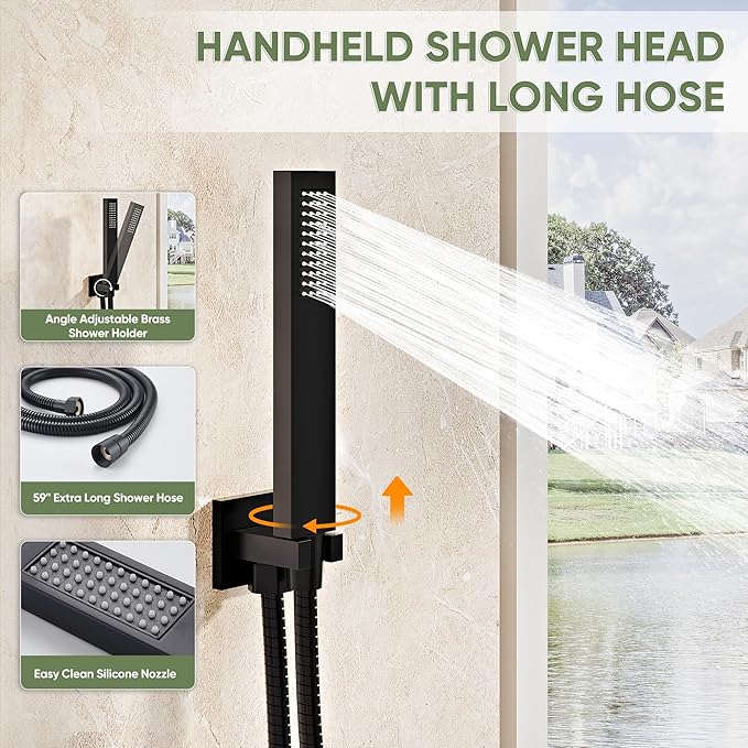 Kurpot Black Shower System, Wall Mounted Shower Faucet Set with Valve, 10-Inch Rainfall Shower Head with Handheld Combo Spray, 59'' Long Shower Hose and Shower Trim Kit, Matte Black