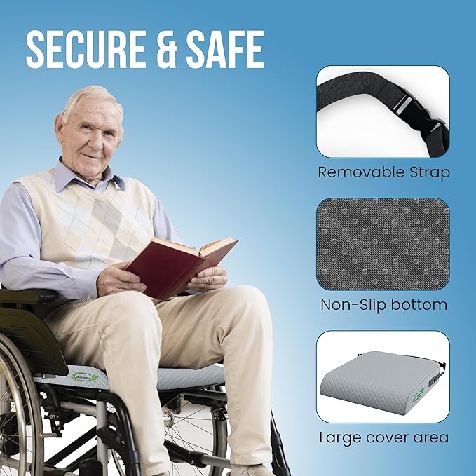 Extra Large Memory Foam Seat Cushion - Wheelchair Cushion Pad, Anti-Slip, Removable Strap, Coccyx Pain Relief, 19” X 17” X 3” (Gray)