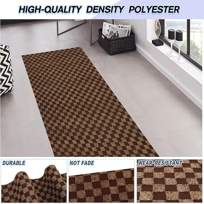 Custom Size Backed Non-Slip Area Rugs Runner, Easy Clean, Waterproof Runner Rugs for Hallway Entryway, Kitchen, Laundry, 3FT x 50FT, Brown Checkered